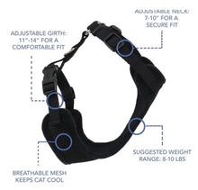 Load image into Gallery viewer, Comfort Soft® Adjustable Cat Harness with 6' Leash, Black, X-Small - Girth: 11"-14", Neck: 7"-10", Weight: 8-10lbs