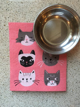 Load image into Gallery viewer, Pink sponge dish rack mats with black, grey, and black cat on it. There is a silver bowl on top of the dish towel