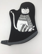 Load image into Gallery viewer, Picture of a black oven mitt with a white cat on it