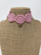 Load image into Gallery viewer, Picture of a Mauve pink hand-knitted Alpaca pet collar with gold colored pendant around a tan brown bust