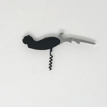 Load image into Gallery viewer, Picture of a black cat-themed bottle opener, fully extended with corkscrew poking from the underside of the cat