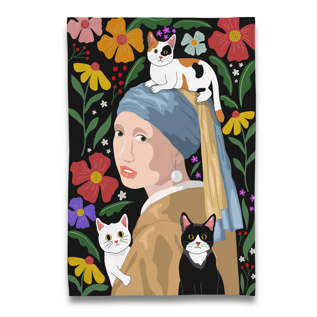 Girl with a Pearl Earring & 3 Cats Tea Towel 