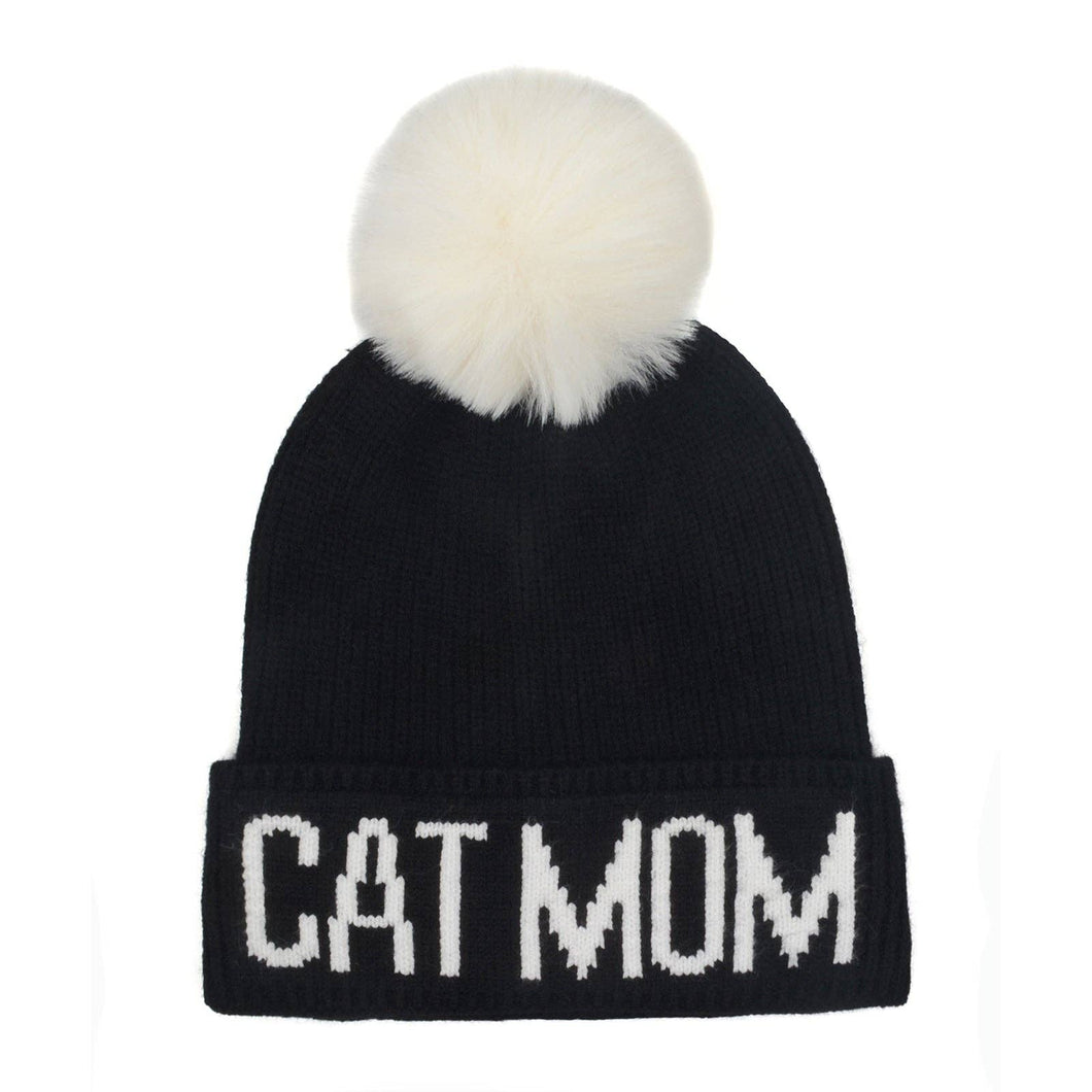 HATPHILE - HatPhile Cat Mom PomPom Knit Beanie – Cozy Toque Stocking for Cat Lovers - Black White