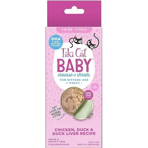 Tiki Cat Baby Kitten Mousse Shreds Chicken, Duck, & Duck Liver 1.9oz Cans 3 Pack