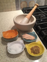 Load image into Gallery viewer, Picture of cat face pinch bowls with salt, tooth picks, and spices in them 
