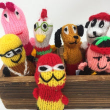 Load image into Gallery viewer, Close up picture of a collection of colorful hand-knitted catnip toys
